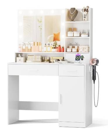 White Makeup Table, Vanity Desk, Dressing Table for Bedroom with Power Outlets and 2 Drawers, 4 Storage Shelves Cabinet 3 Lighting Modes Adjustable Brightness, with LED Lights and Mirror,