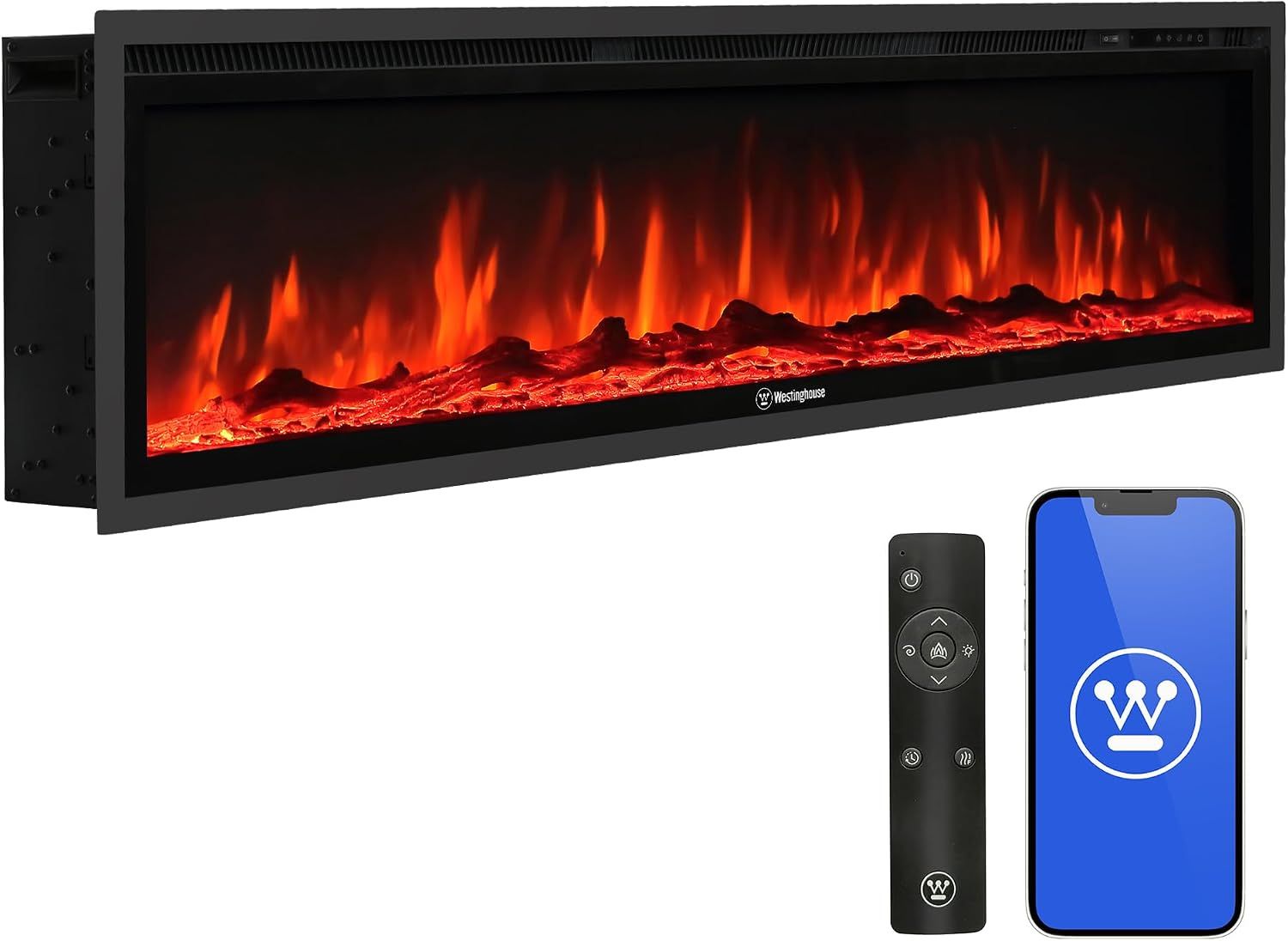 Westinghouse 60 Inch Electric Fireplace Heater, Compatible with Alexa &amp; Google Home, Wall Mount or in-Wall Recessed Fireplace Insert, 24 Hour Timer, Color Changing Flames, 750W/1500W Indoor Heater wth
