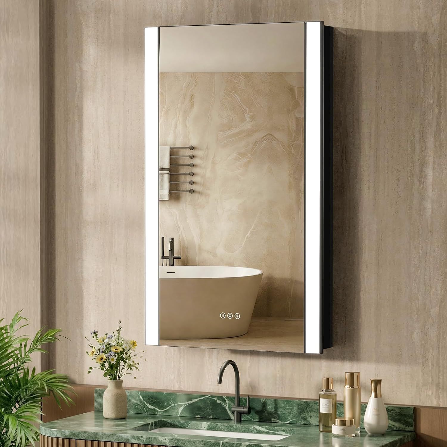 24x40 Inch Medicine Cabinet with Lights, Sleek Bathroom Lighted Medicine Cabinet with Mirror, Acrylic Vertical LED Lights, Lower Outlet &amp; USB, Recessed or Surface, Large Storage with 4 Shelves