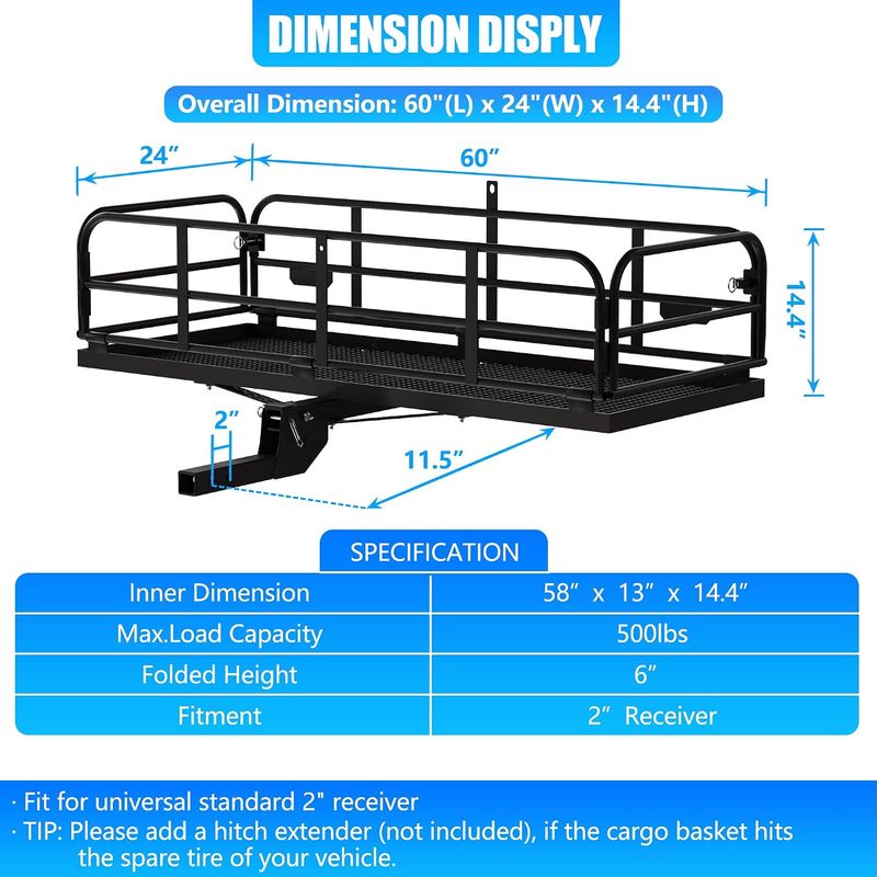 KAIRAY 500 Lbs Heavy Duty Hitch Mount Cargo Carrier 60"x24"x14.4" Fold