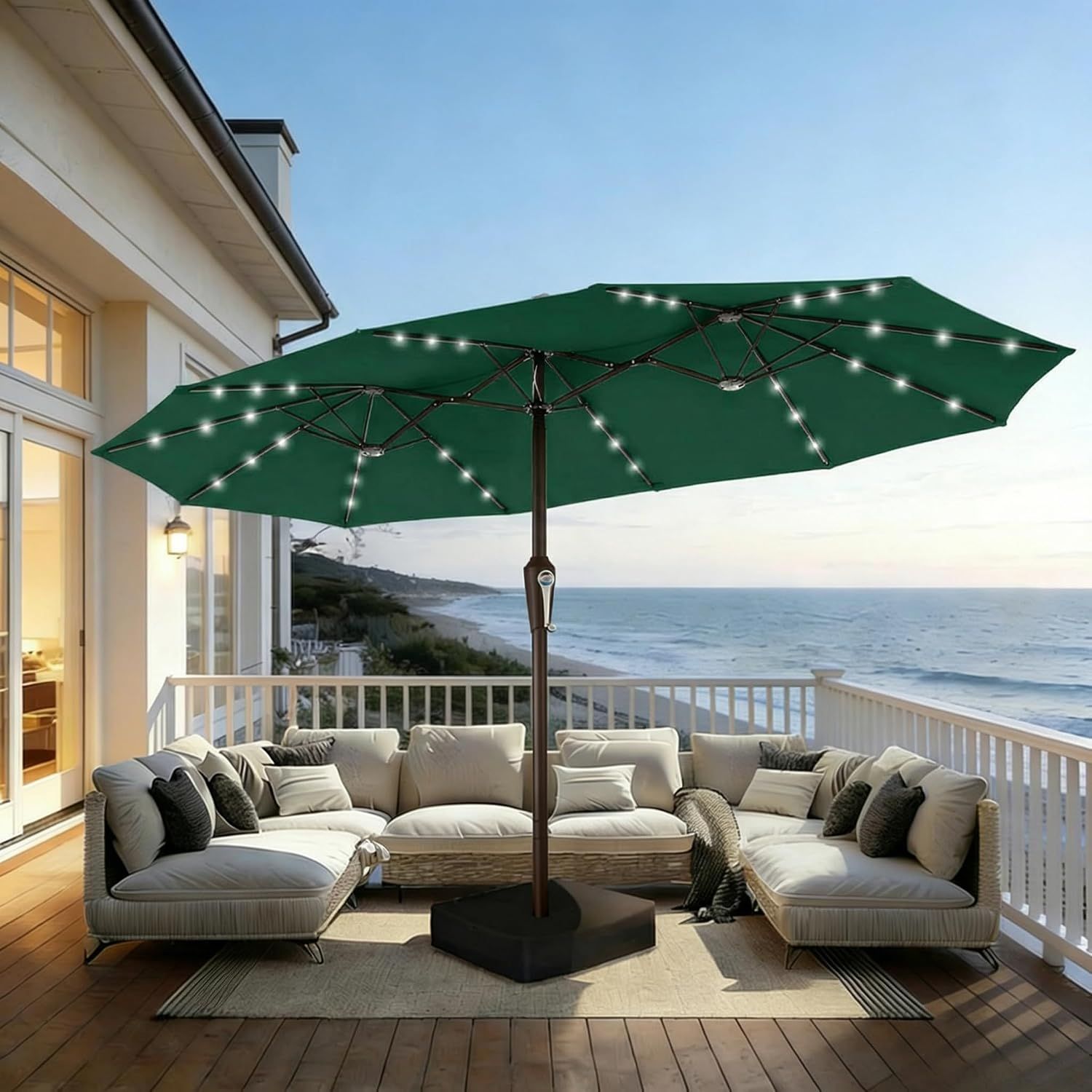 15FT Patio Umbrella with Solar Lights, Double-Sided with Base