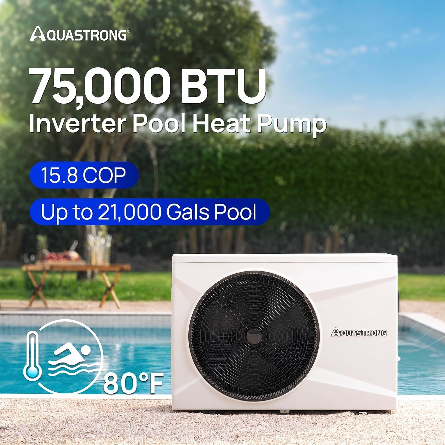AQUASTRONG Swimming Pool Heat Pump,Pool Heater for Above Ground and Inground Pool, 21000 Gallons 75,000 btu hex075