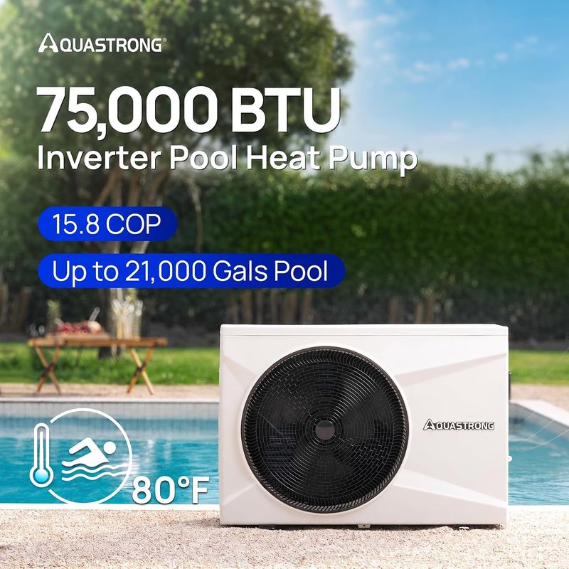 AQUASTRONG Swimming Pool Heat Pump,Pool Heater for Above Ground and Inground Pool, 21000 Gallons 75,000 btu hex075