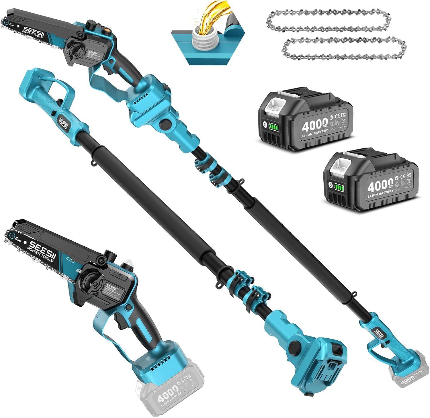 SEESII 2-in-1 Cordless Pole Saws &amp; Mini Chainsaw 6 Inch for Tree Trimming 2 x 4000mAh Batteries, Handheld Cutter with 10FT Extension Pole for Pruning, Yard Cleanup, Ideal for Homeowners Gardeners