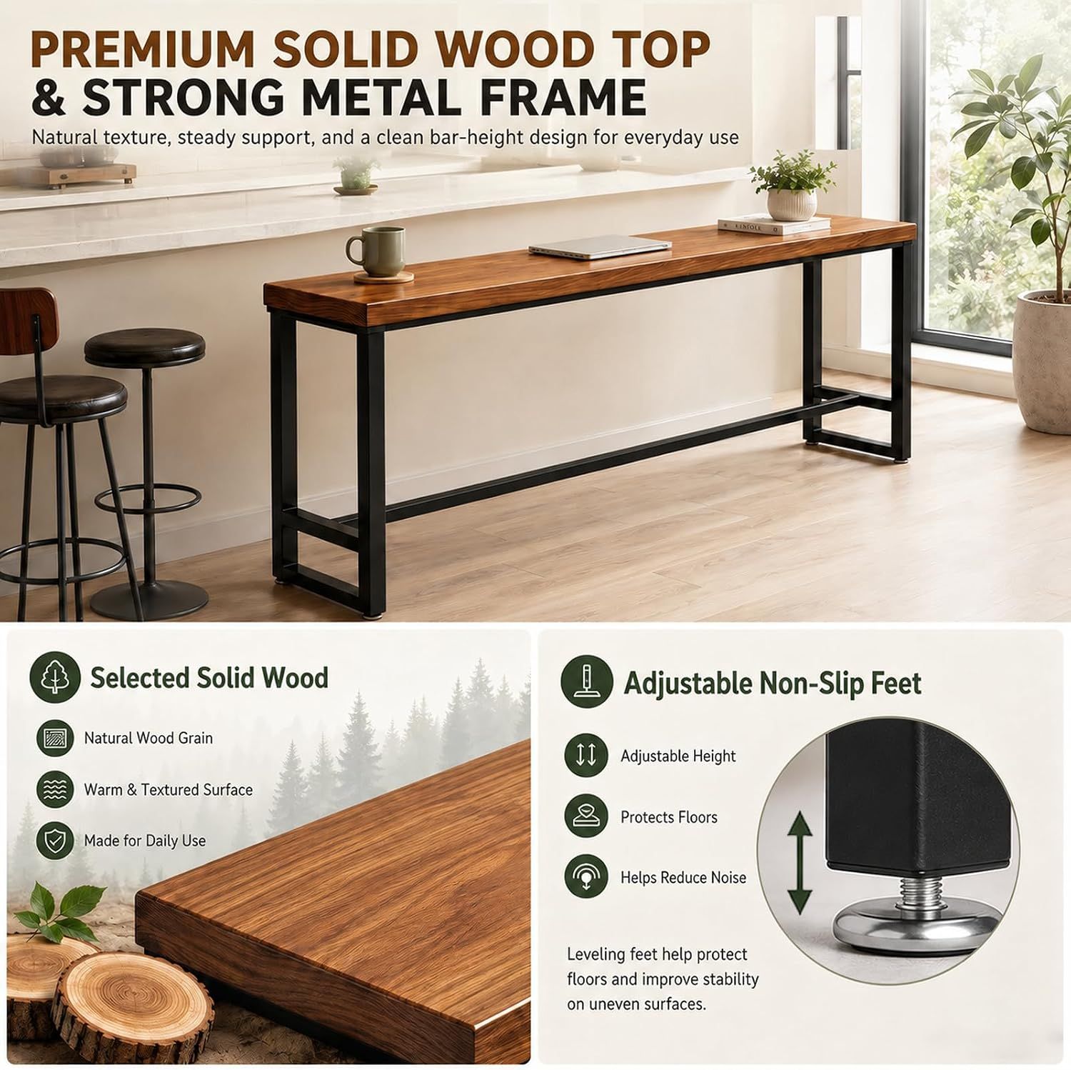 47.2" Solid Wood Bar Height Table, Long Narrow High Top Pub Table Farmhouse Counter Height tables with 2" Thick Pine Top &amp; Metal Legs for Kitchen, Breakfast Nook, Coffee Shop, No Stool