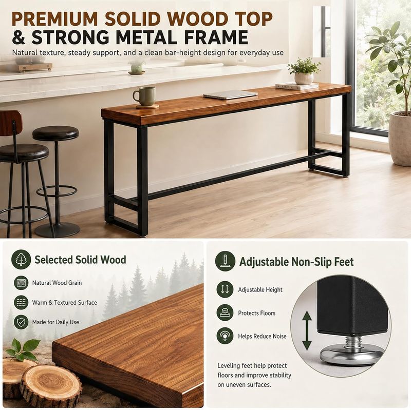 47.2" Solid Wood Bar Height Table, Long Narrow High Top Pub Table Farmhouse Counter Height tables with 2" Thick Pine Top &amp; Metal Legs for Kitchen, Breakfast Nook, Coffee Shop, No Stool