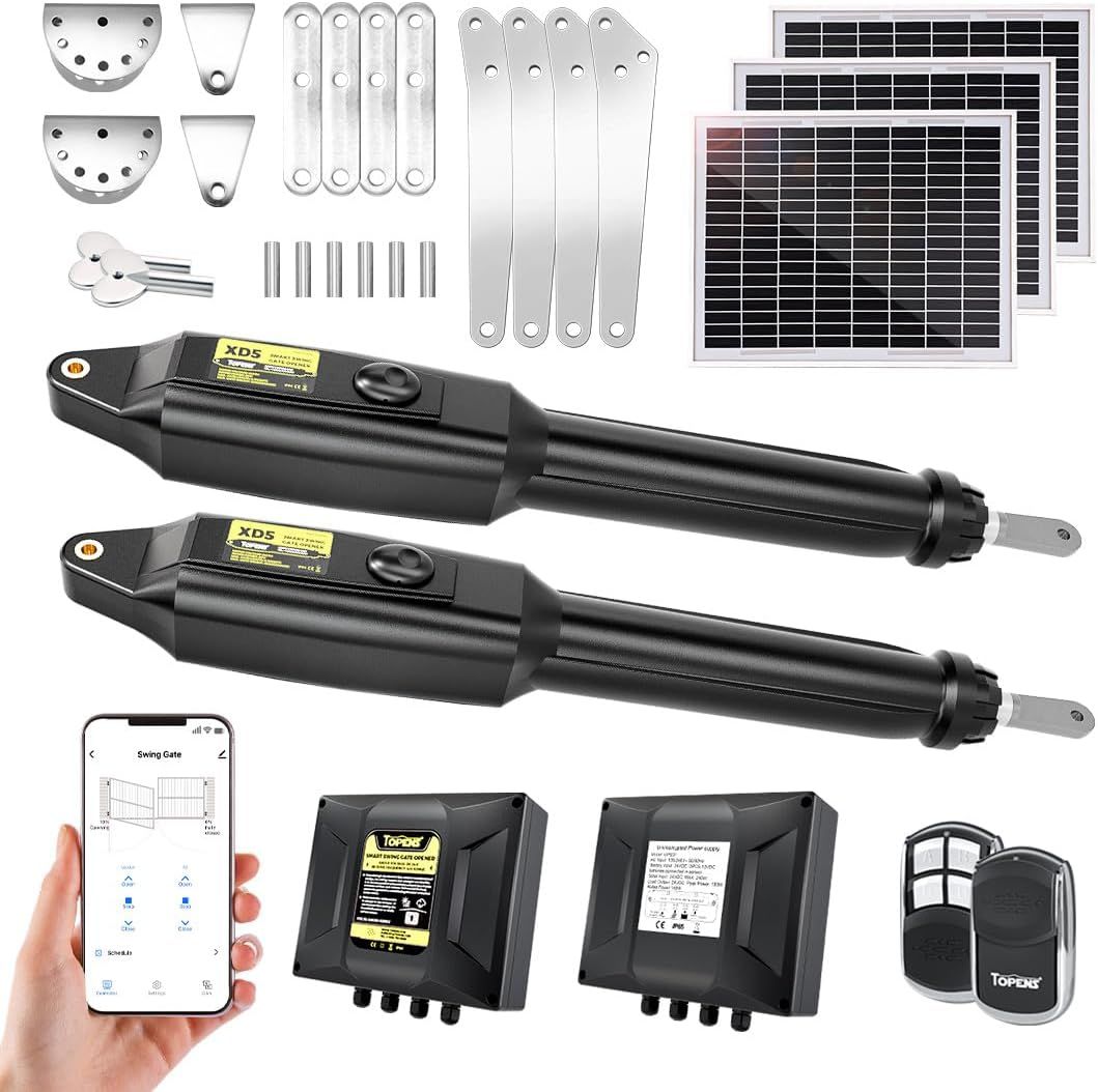 TOPENS XD552S Smart Solar Dual Swing Gate Opener Medium Duty WiFi App Control, Dual Swing Gates Up to 18ft OR 660lbs per Arm, Solar Panel and Remote Control Included