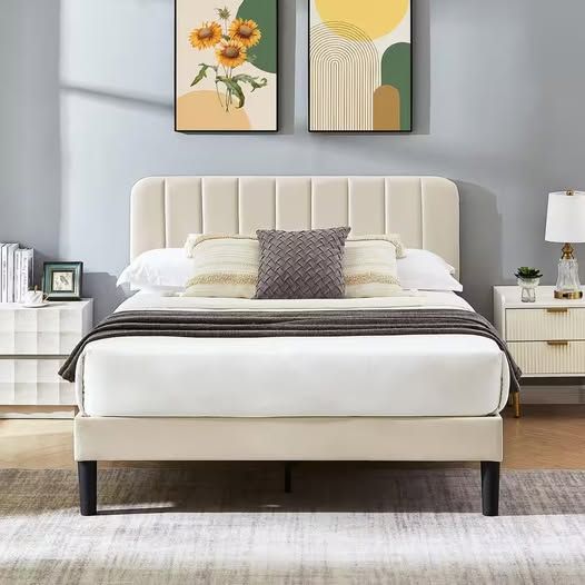 vecelo Upholstered Bed Frame, Full Platform Bed Frame with Adjustable Headboard, Strong Wooden Slats Support, Beige