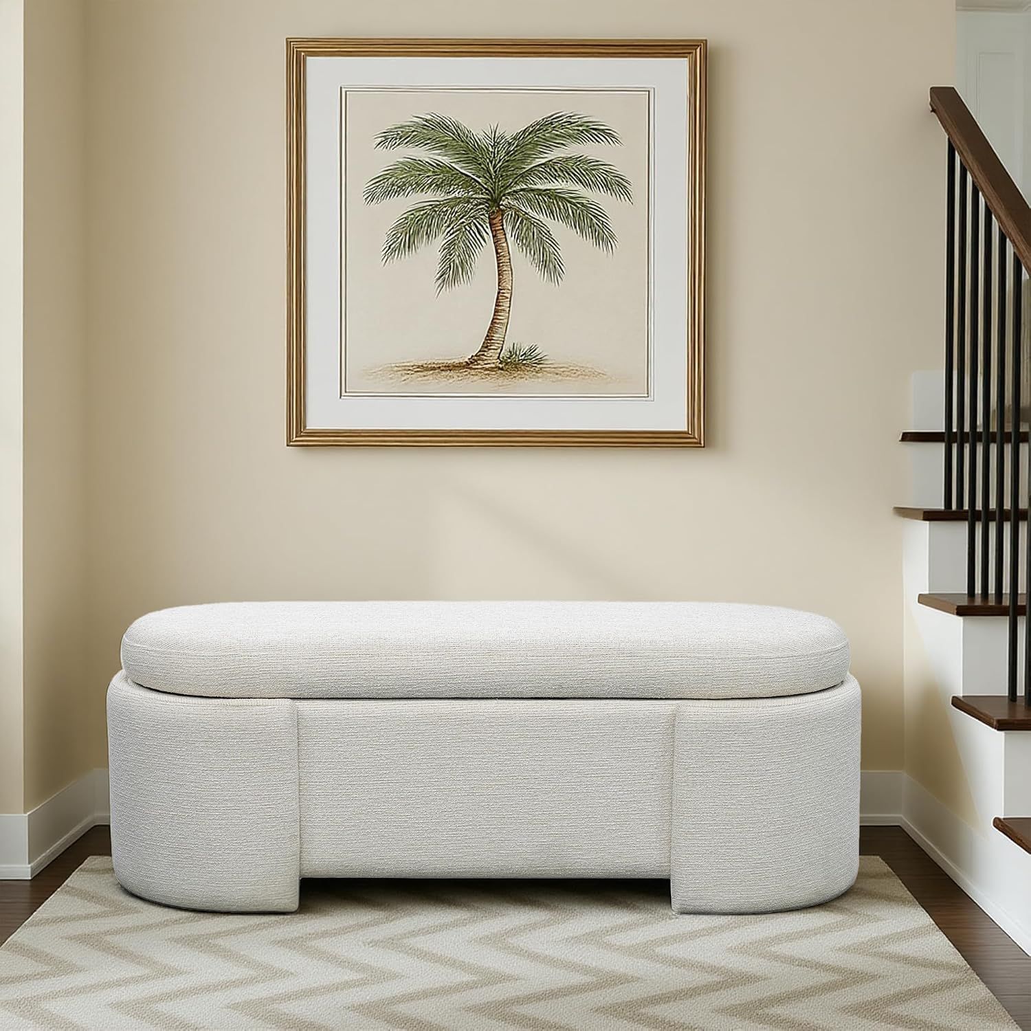 Martha Stewart Leslie Upholstered Storage Bench with Soft-Close Lid, Hidden Ventilated Storage, 48” Oval Entryway Ottoman Bench, No Assembly Required, Lily Pond Collection, Supports 400 lbs –Cream