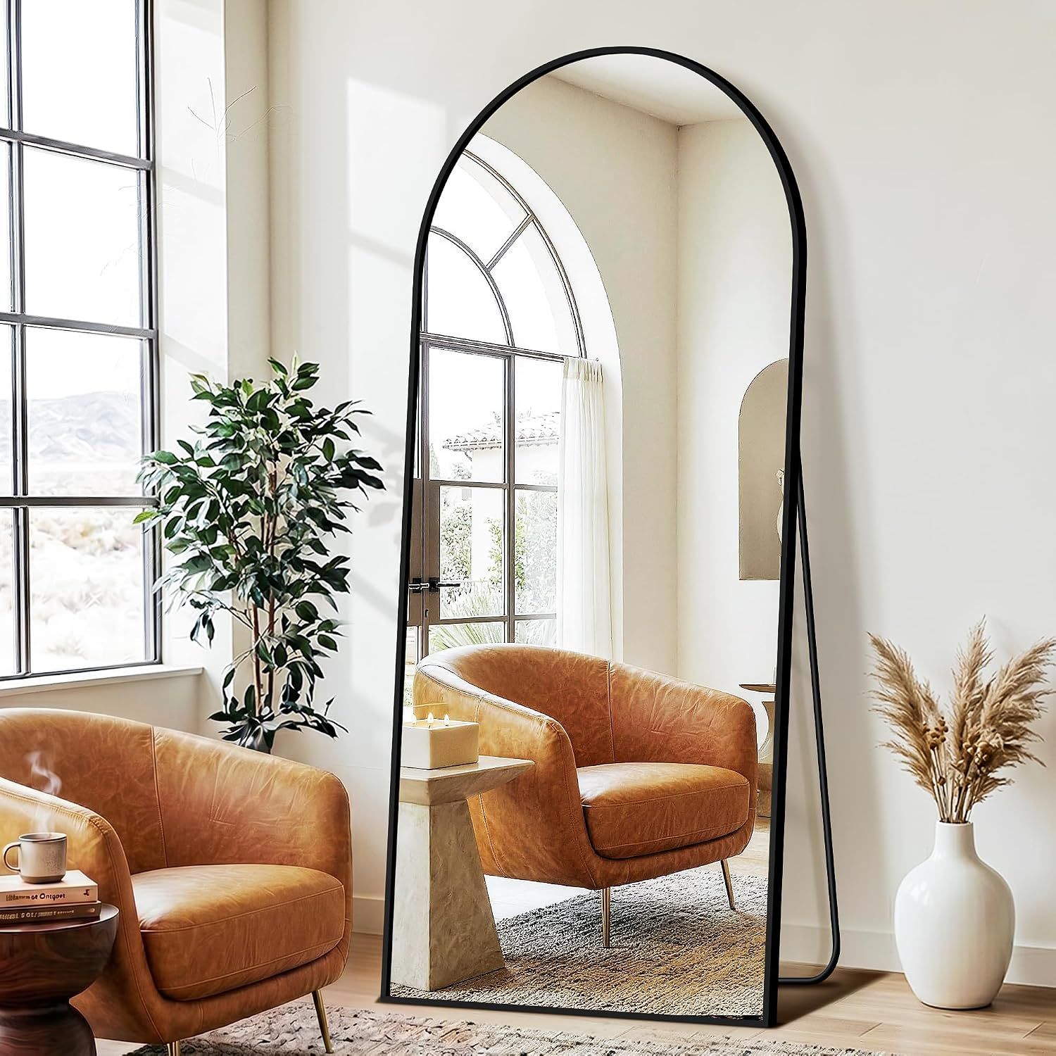 Arched Full Length Mirror with Stand, 75"x35" Full Body Floor Mirror, Black