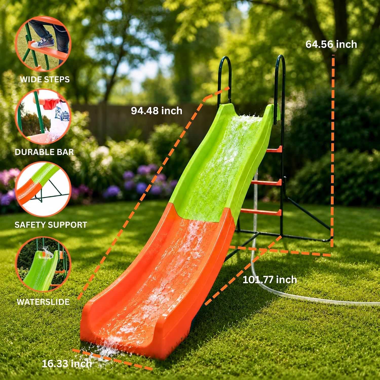 PLATPORTS Extra Large 8 Ft Water Slide for Kids, Freestanding Indoor Outdoor Playground Slide, Hose Hookup Converts to Water Slide, Hose Clamps Included, Backyard Water Play, Easy Setup, Ages 3 to 10