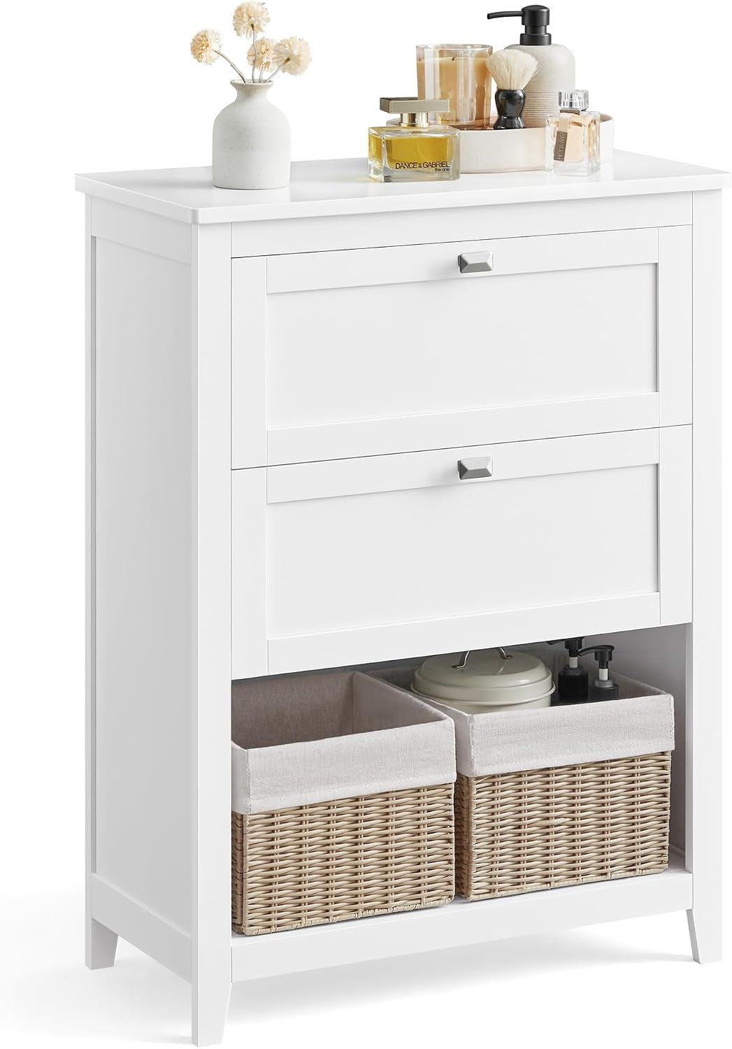 VASAGLE Bathroom Storage Cabinet, 2 Drawers, 2 Basket, 31.5" H, Cloud White