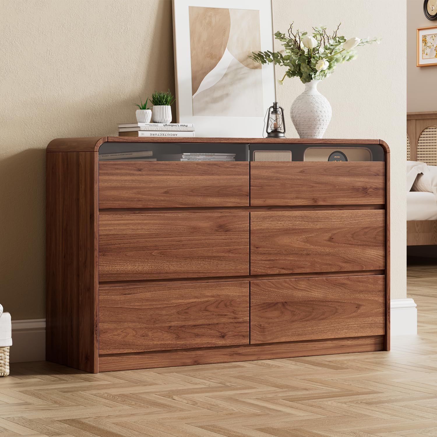 Ieejdn 47.2" Dresser with 6 Drawer, Wide Dresser with Recessed Glass Display &amp; Silent Metal Rails, Handleless Chest of Drawers for Clothes, and Bedding, Russet
