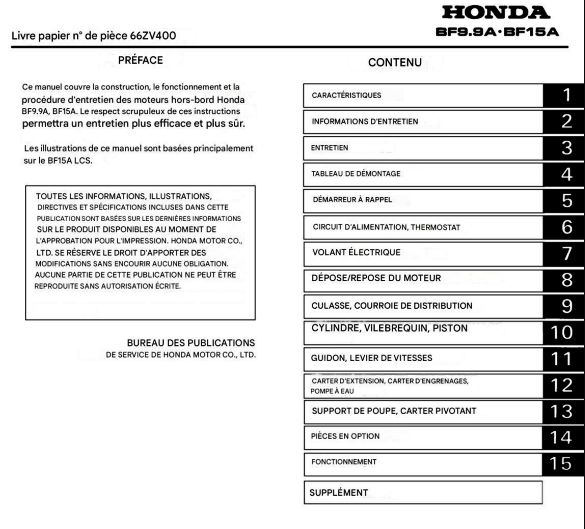 manuel d'atelier Honda BF 9.9  15 Français