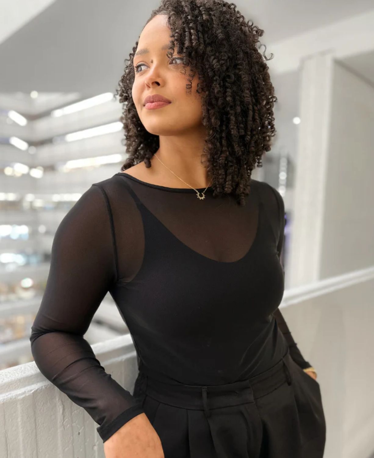 Sheer Mesh Long Sleeve Top, Colour: Black