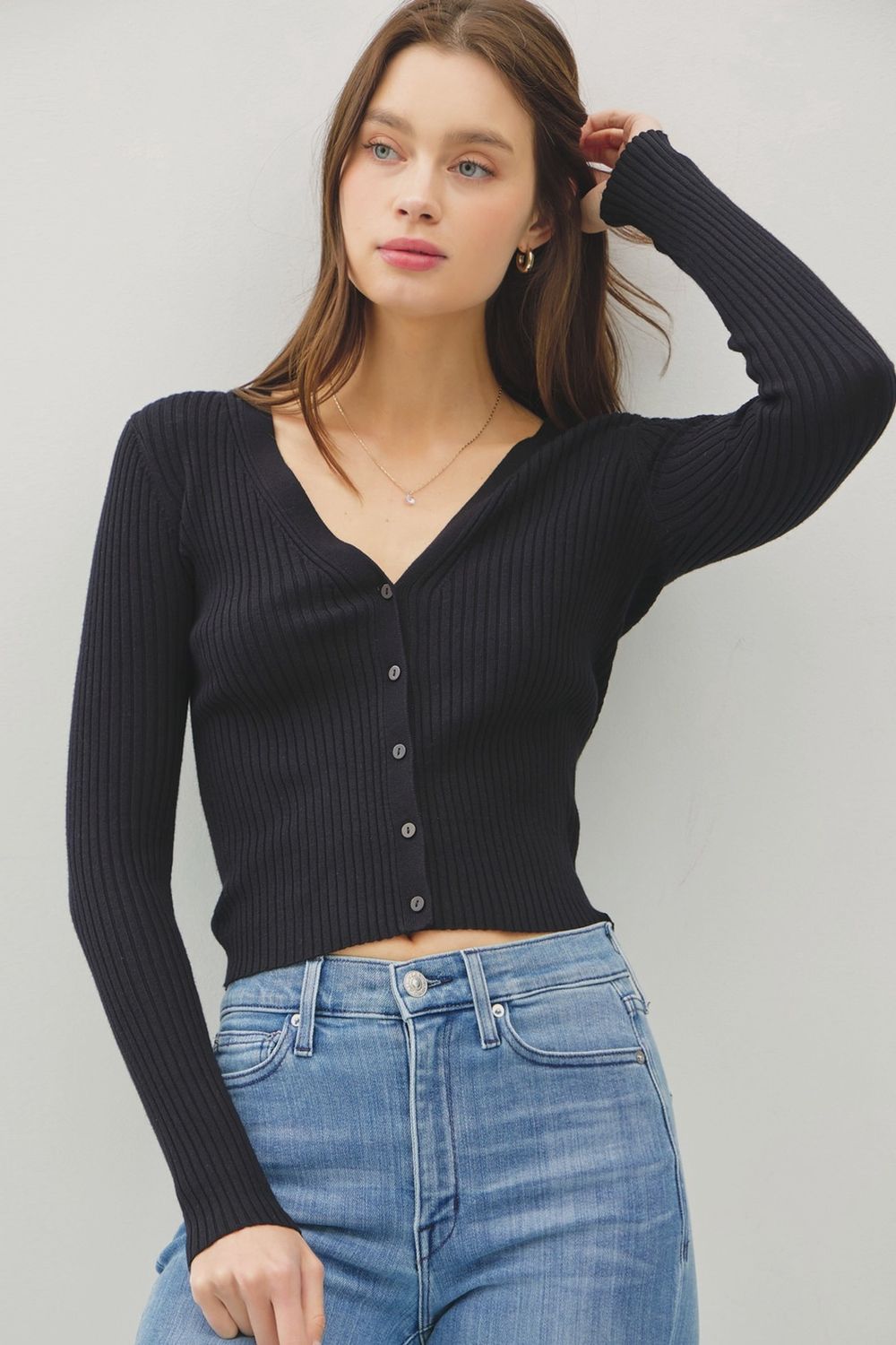 Ribbed V-Neck Slim Cardigan, Colour: Black, Size: S