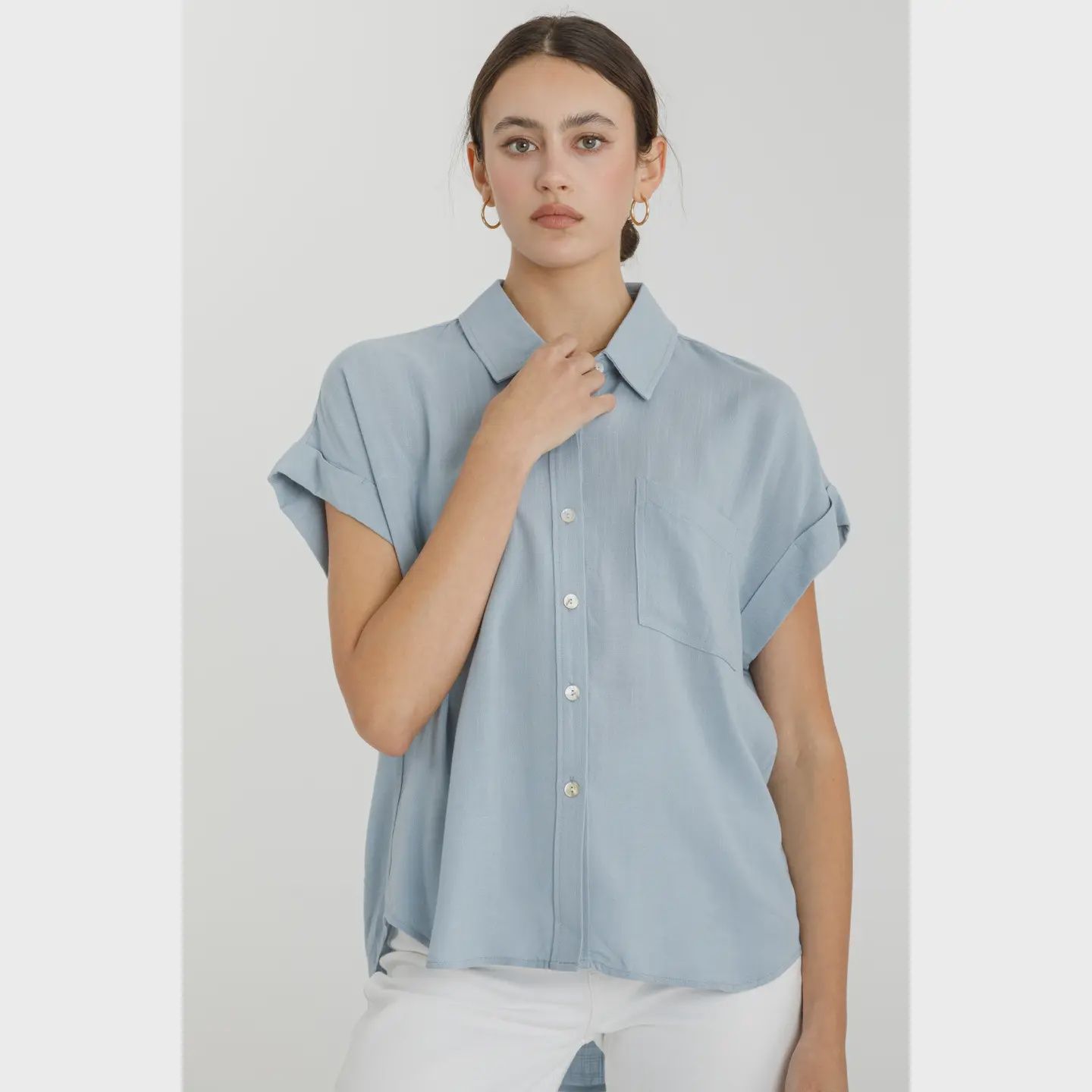 Short Sleeve Button Down Linen Top, Colour: Chambray, Size: S