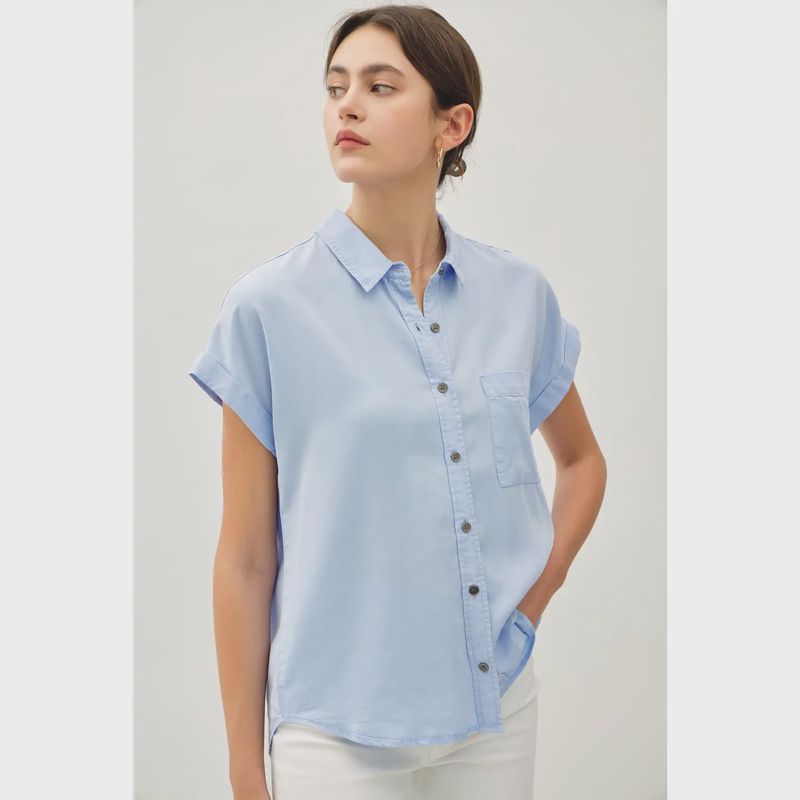 Short Sleeve Tencel Button Down Top