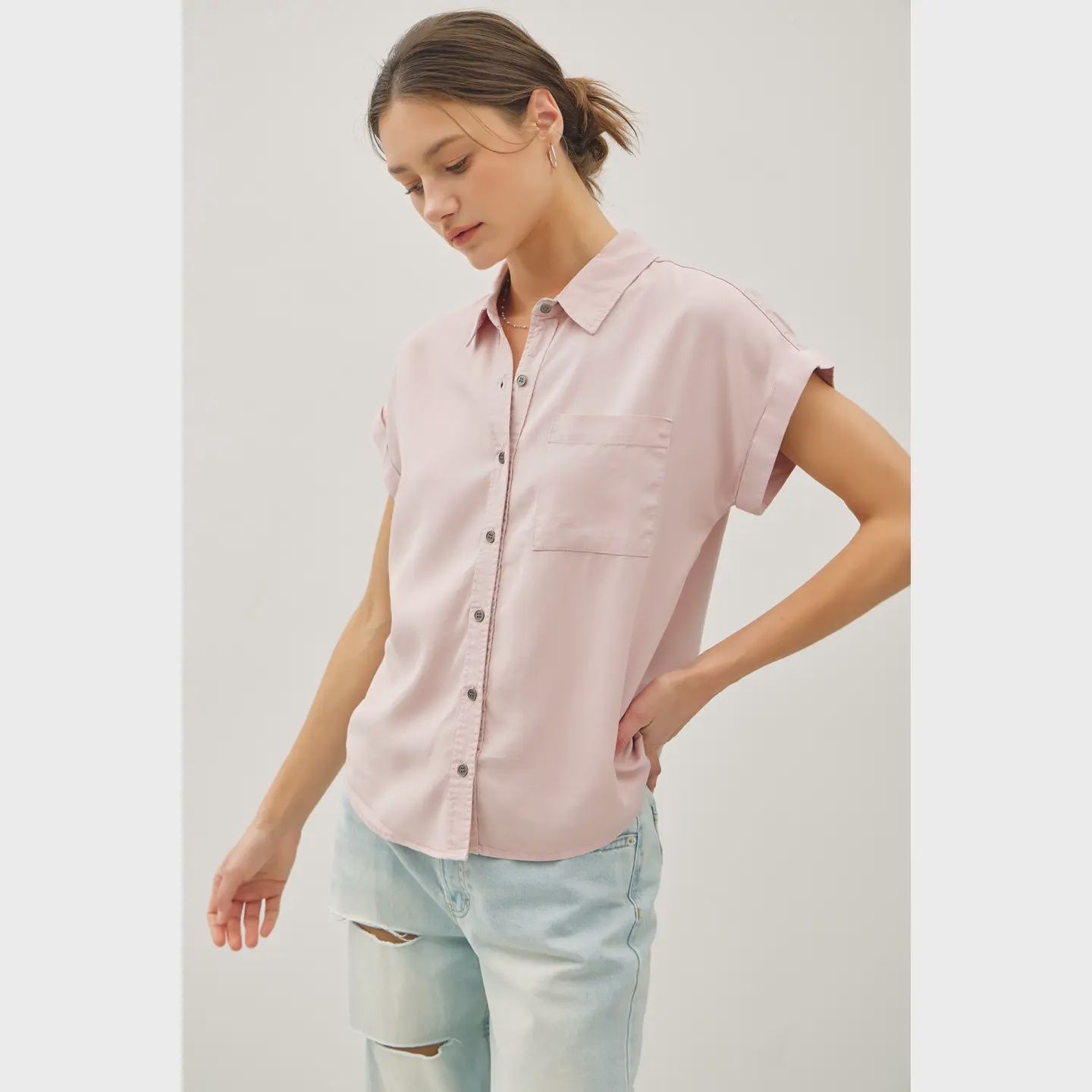 Short Sleeve Tencel Button Down Top, Colour: Pink Mist, Size: S