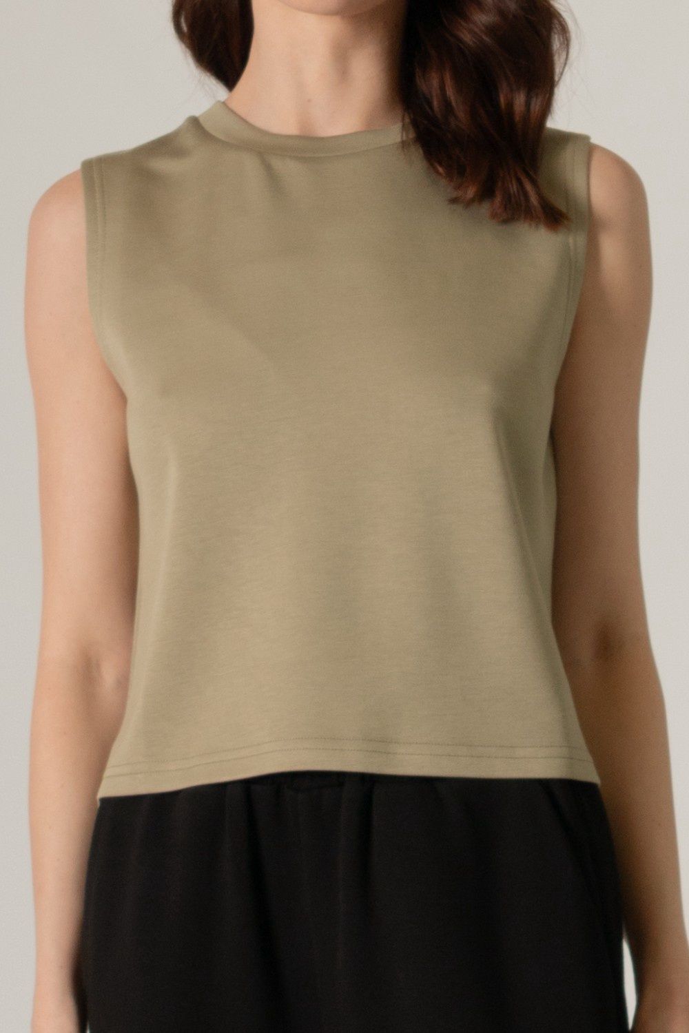 Scuba Round Neck Sleeveless Top, Colour: Light Olive, Size: XS