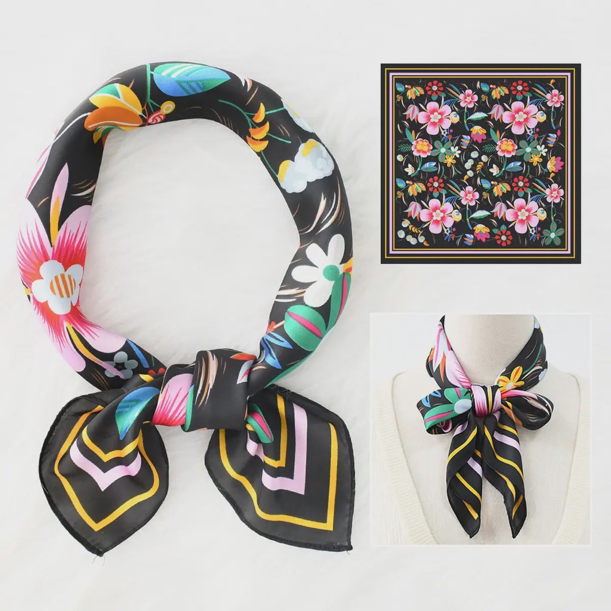 Floral Square Scarf, Colour: Black