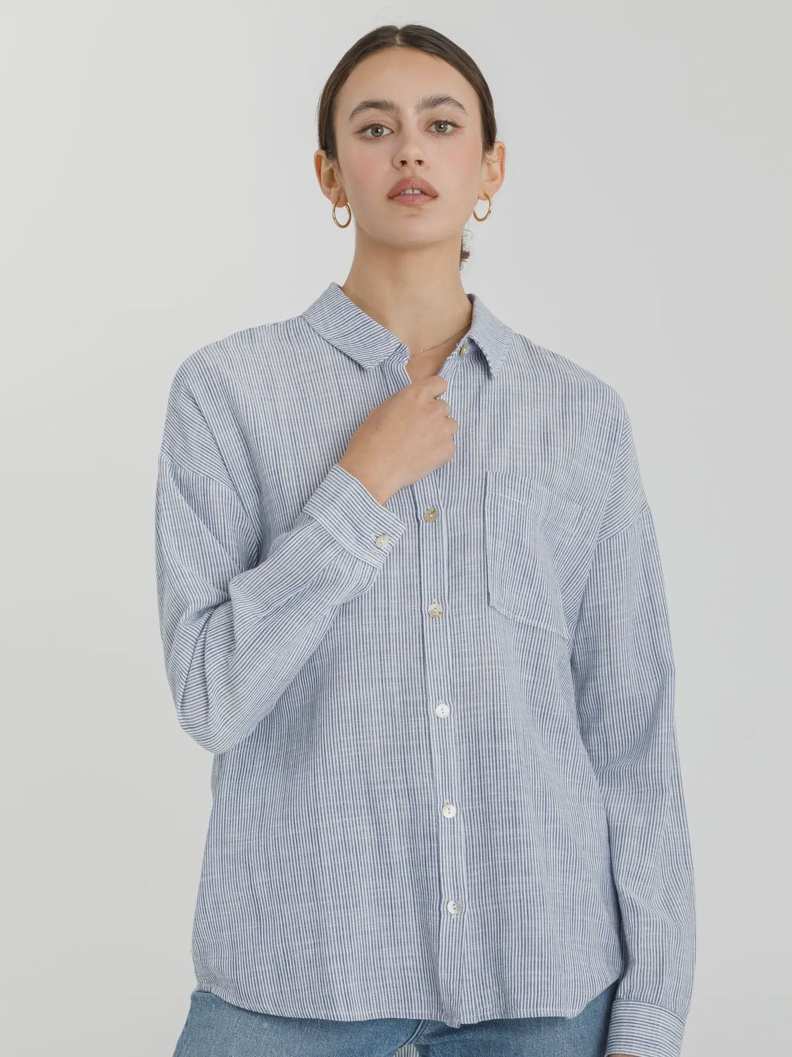 Hairline Stripe Button Down Top, Size: S/M, Colour: Denim