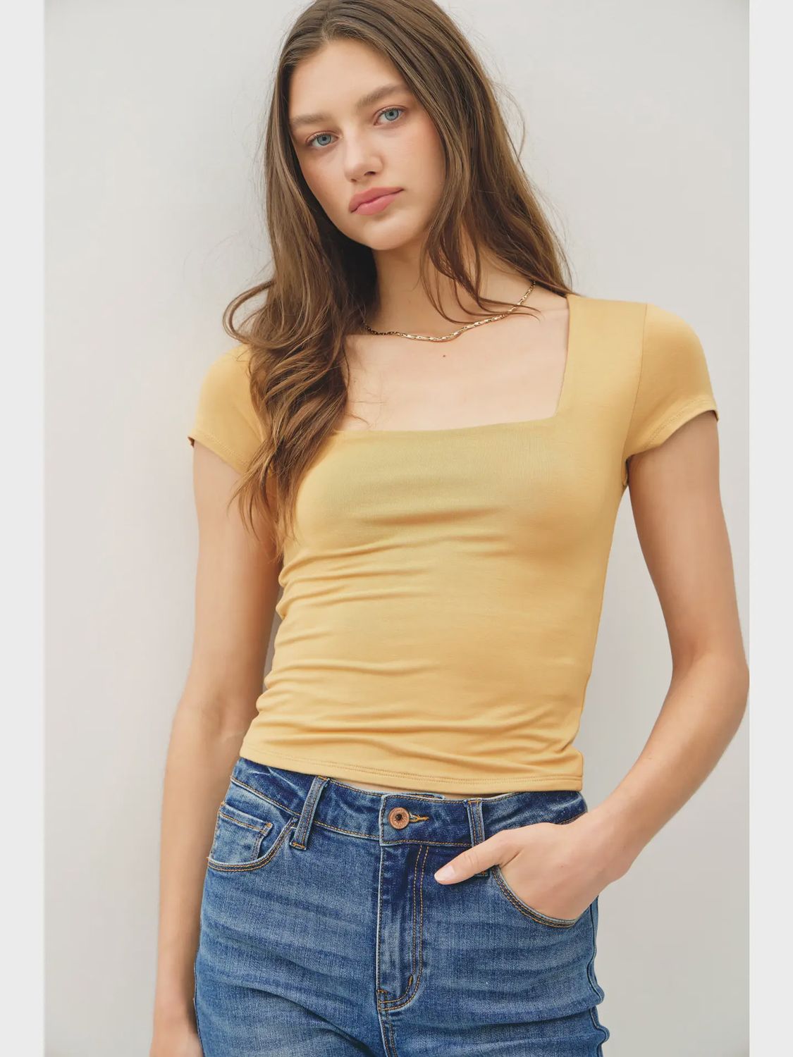 Short Slv Square Neck Tee, Size: S, Colour: Golden Rod