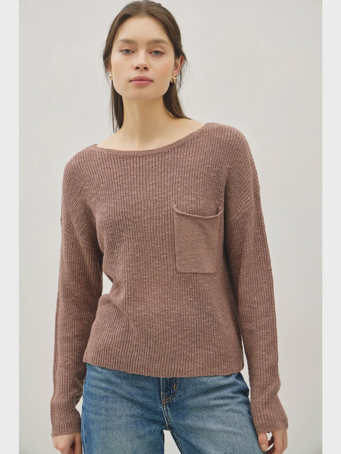 Wide Neck Pocket Sweater, Colour: Cocoa, Size: S