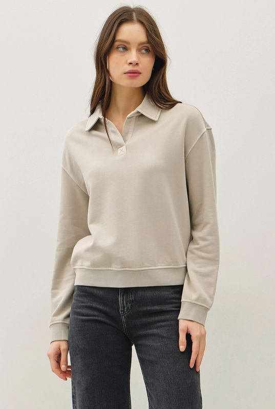 Acid Wash Collared Henley Sweatshirt
