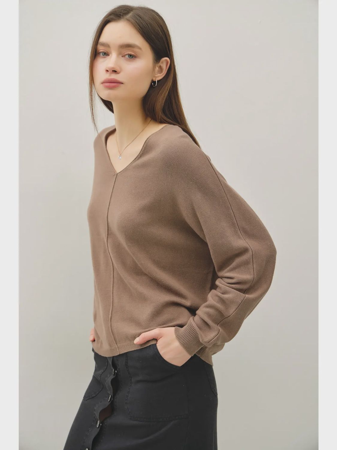 V Neck Sweater w/ Raw Seam Detail, Size: S/M, Colour: Coco