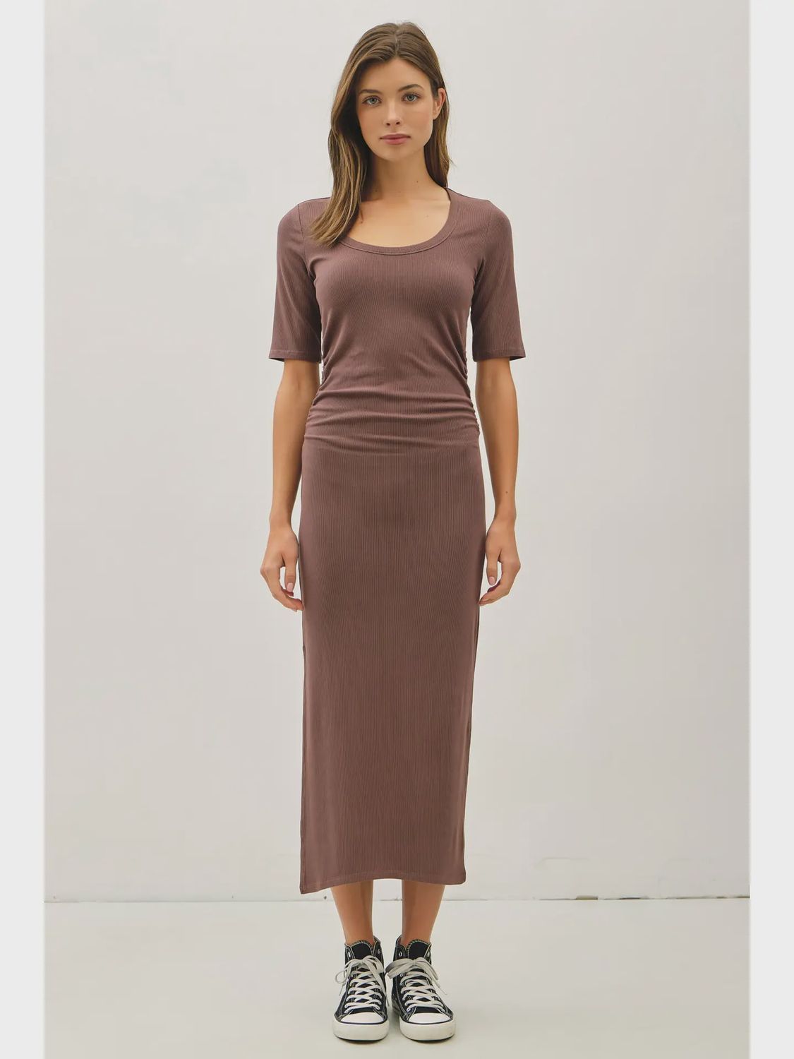 Short Sleeve Scoop Neck Midi Dress, Size: S, Colour: Choco