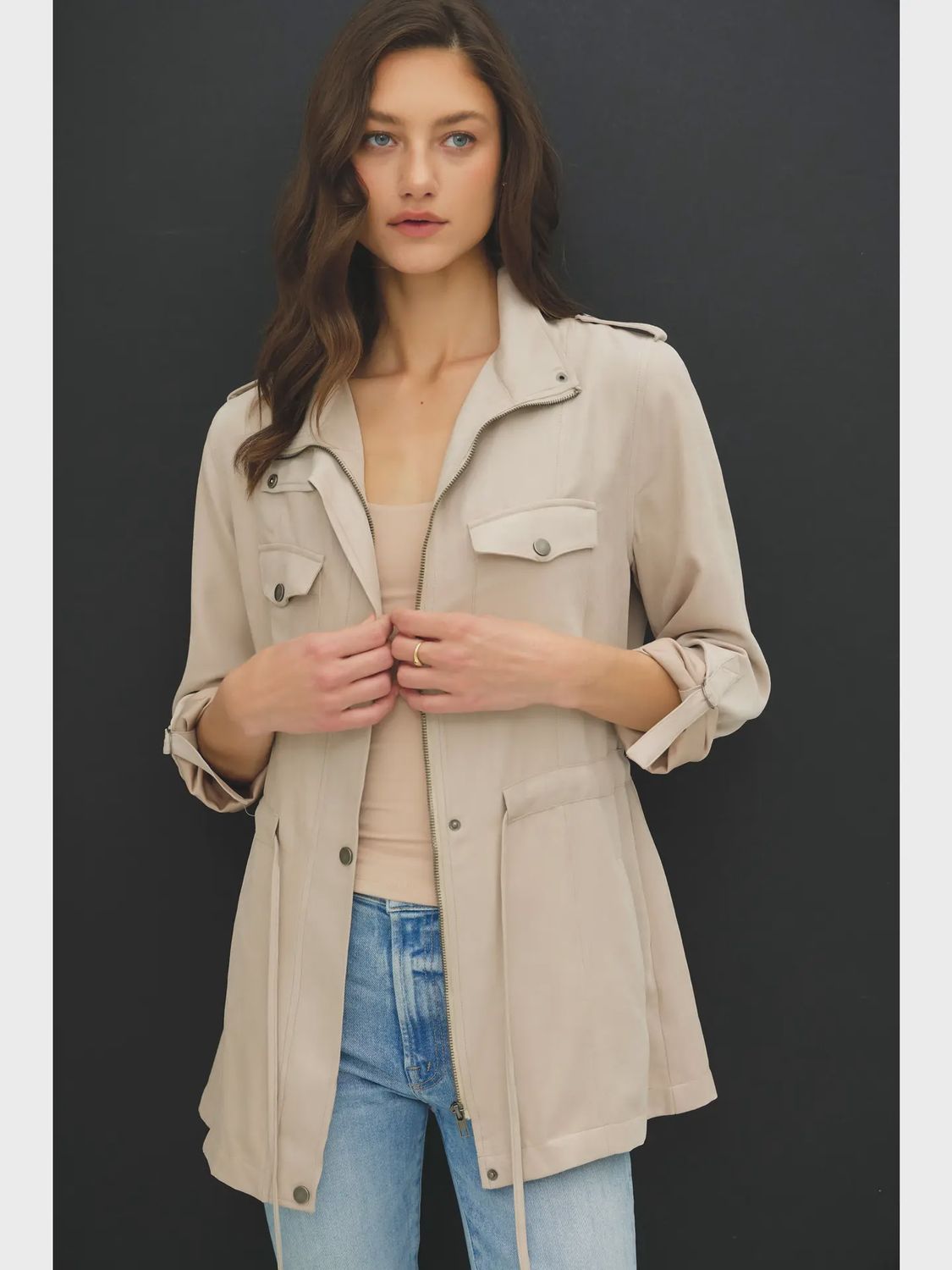 Cinched Waist Safari Cargo Utility Jacket, Colour: Beige, Size: S