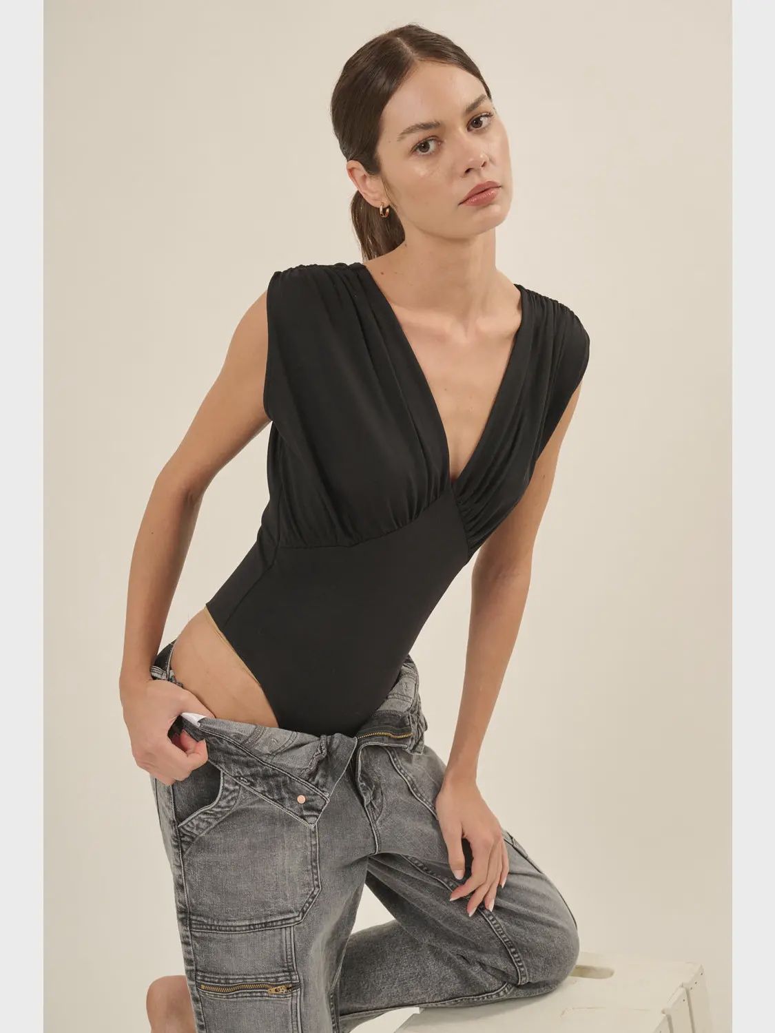 Deep V Neck Bodysuit, Colour: Black, Size: S