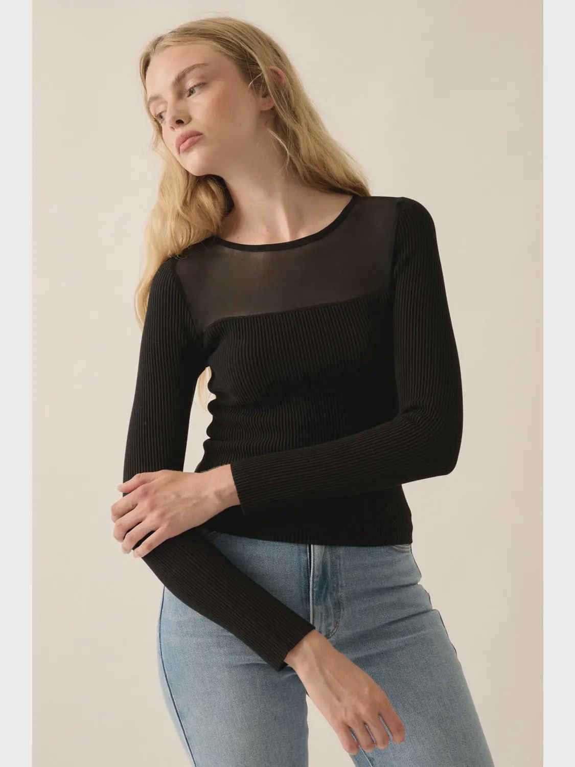 Mesh Yoke Rib Knit Top