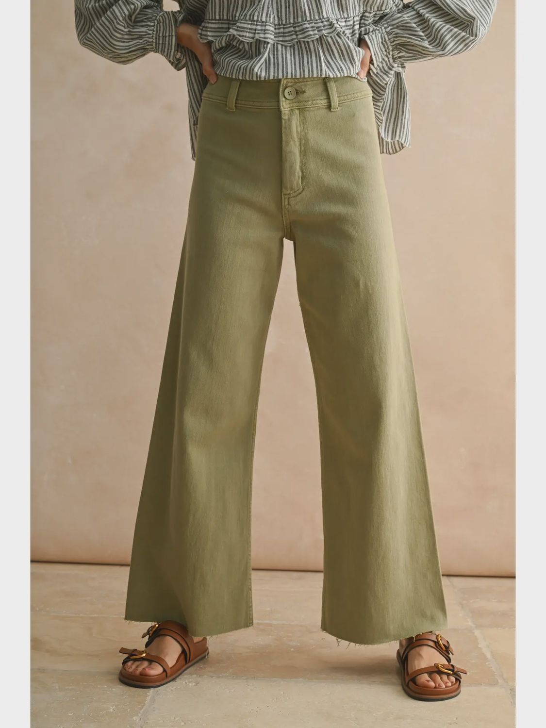 Straight Wide Leg Denim Pants, Colour: Dusty Sage, Size: S