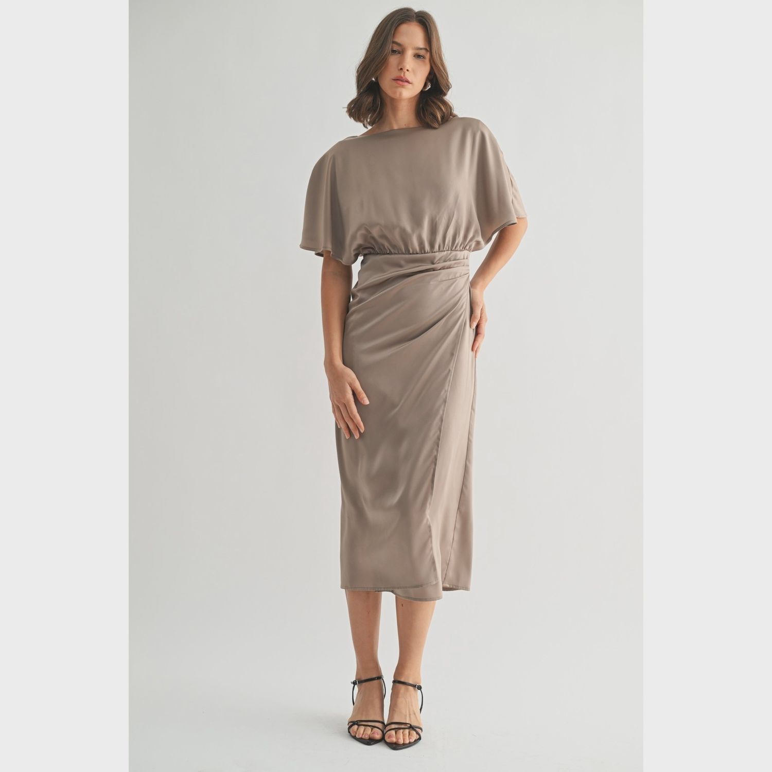 Satin Wrap Detail Midi Dress, Colour: Mocha, Size: S
