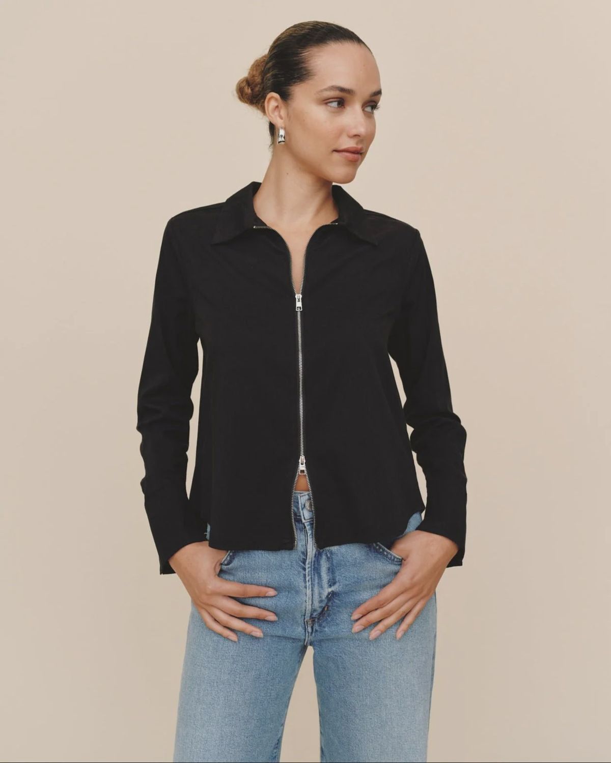 Long Sleeve Zip Front Shirt, Colour: Black, Size: XS