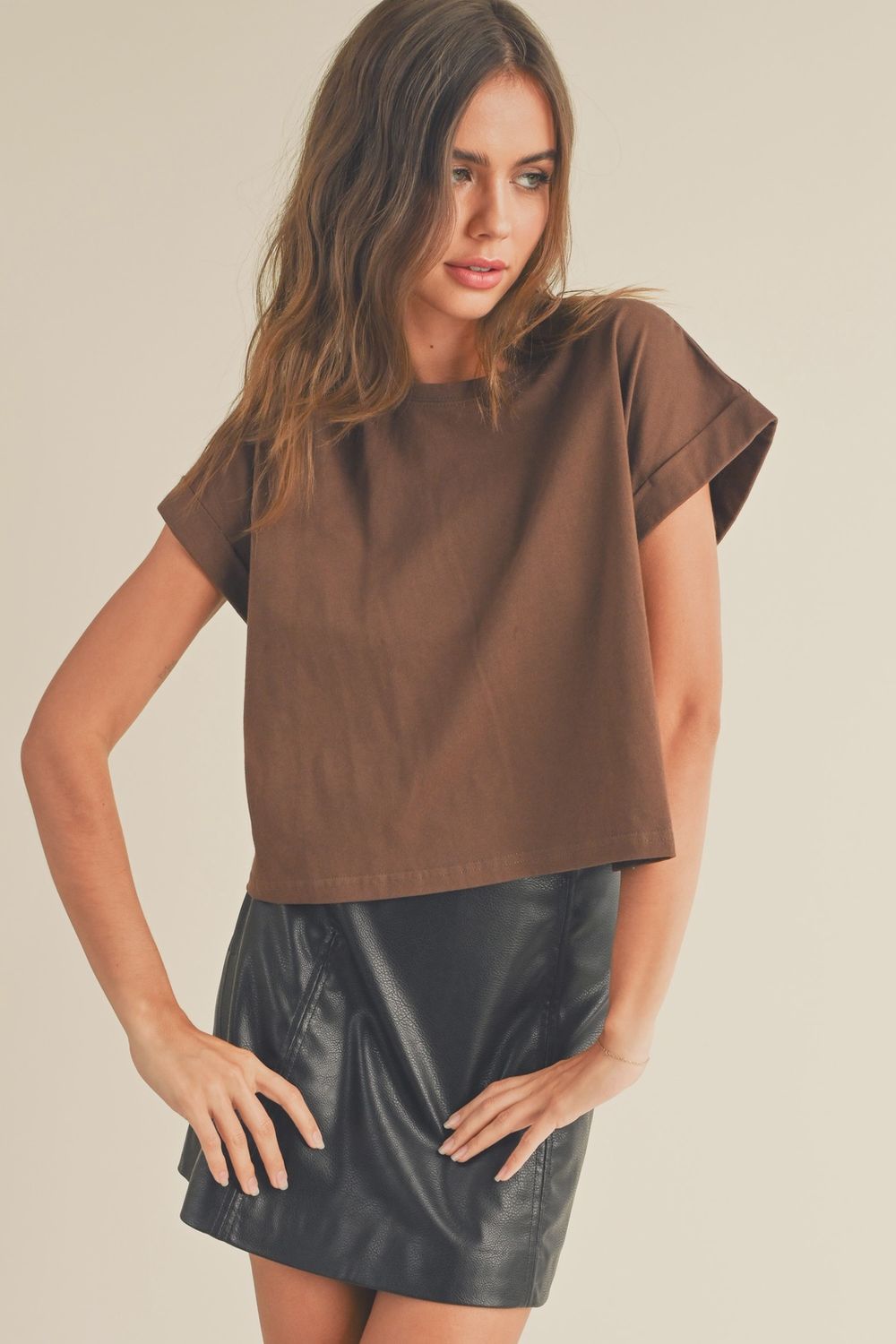 Round Neck Cuffed Sleeve Top, Colour: Brown, Size: S