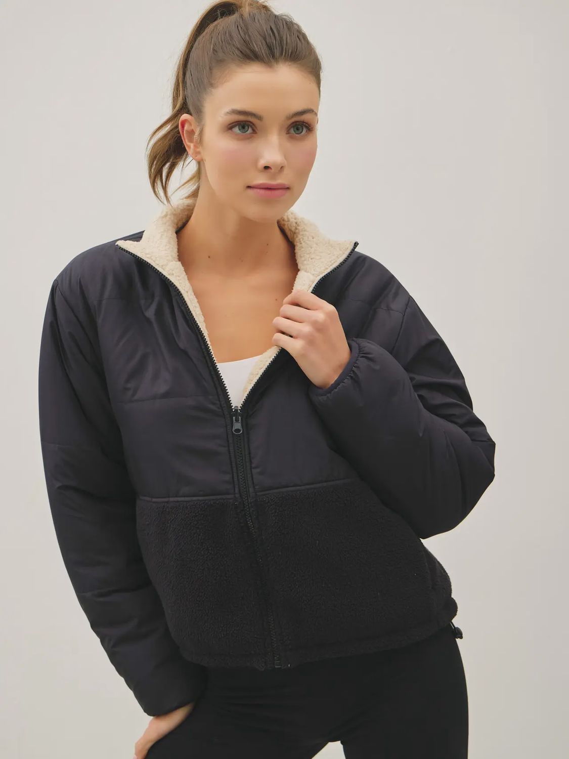 Fleece Block Puffer Zip Up, Colour: Black, Size: S