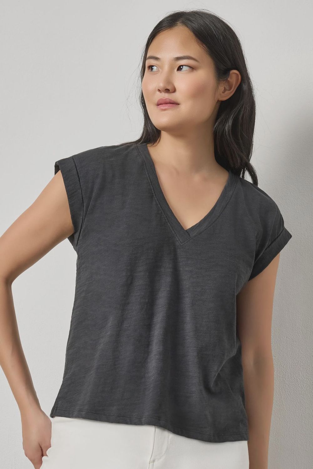 Cuffed Sleeve V-Neck, Colour: Black, Size: XS
