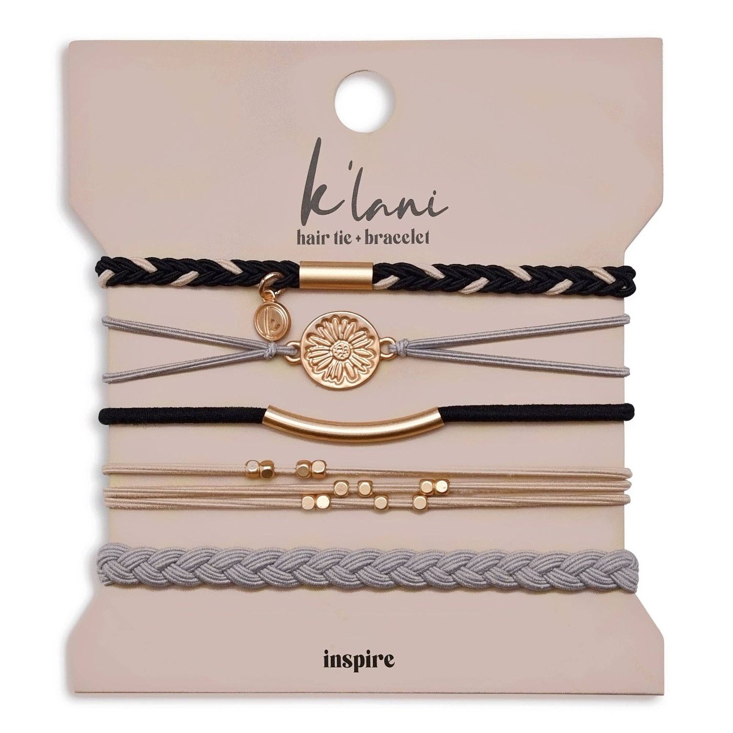 "Inspire" Grey and Black with Gold Flower Accent Hair Tie Bracelets, Size: Large