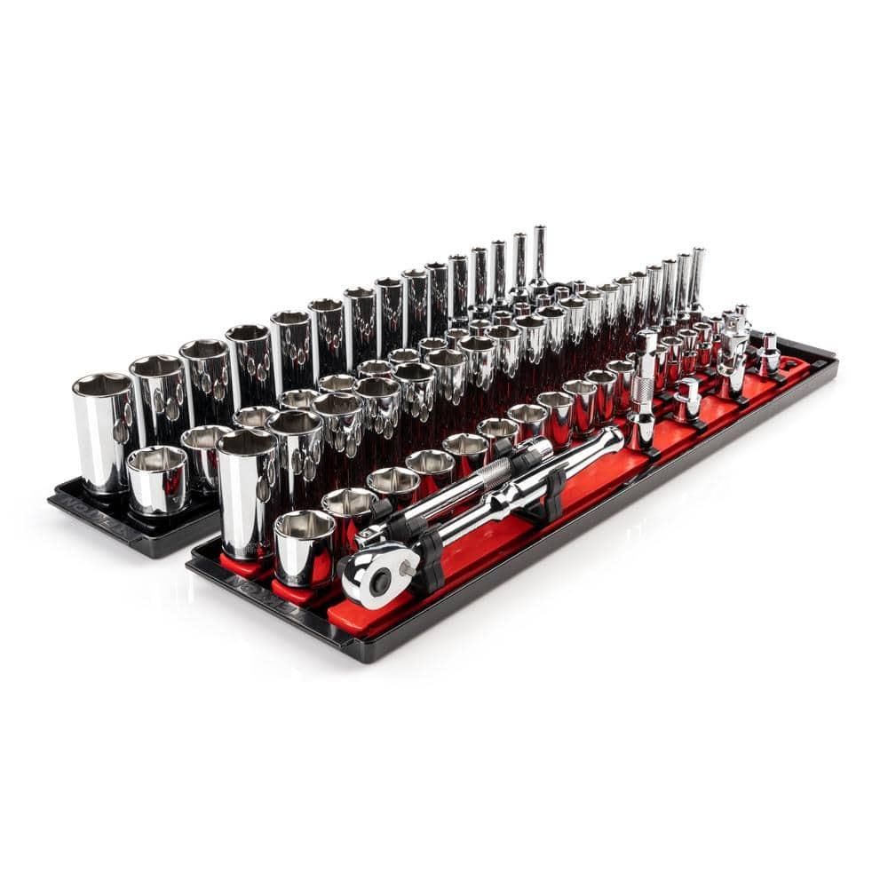 Tekton 3/8 in. Drive 6-Point Socket and Ratchet Set with Rails (1/4 in.-1 in., 6 mm-24 mm) (74-Piece)