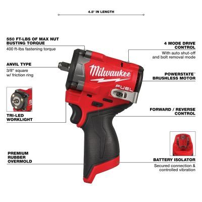 Milwaukee M12 FUEL 12V Lithium-Ion Brushless Cordless Stubby 3/8 in. Impact Wrench (Tool-Only) 2562-20