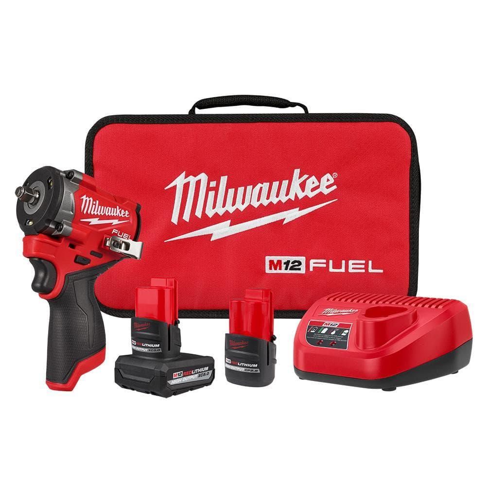 M12 Fuel 12V Li-Ion Brushless Cordless Stubby 3/8 in. Impact Wrench Kit w/(1) 5.0AH & (1) 2.5 AH High Output Batteries