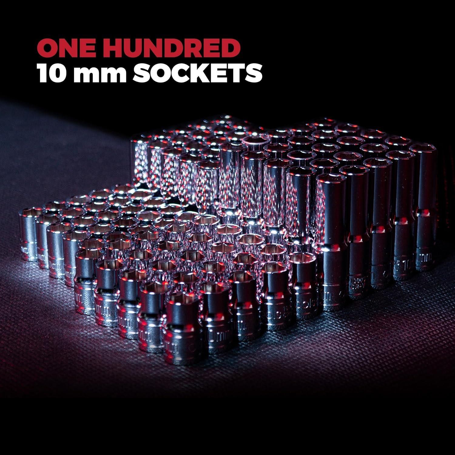 Olsa Tools 100pc 10mm Socket Set | Complete Set of 100 10mm Chrome Sockets | Deep & Shallow Sockets in 1/4 & 3/8-Inch Drive | Perfect 10mm Sockets Gift for Mechanics | Professional Grade | Part: 1773