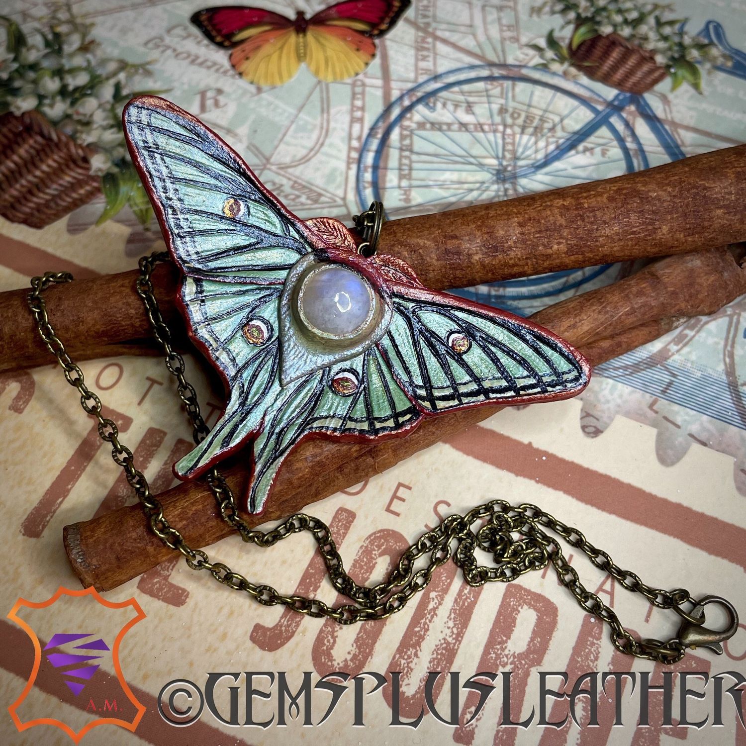 Tooled leather Luna moth brooch / pendant transformer - Lifelike Spanish Luna moth - Exclusive gif for her by GemsPlusLeather