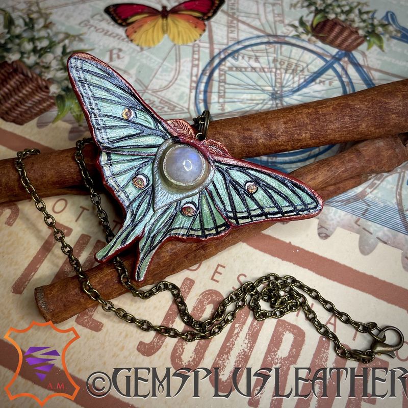 Tooled leather Luna moth brooch / pendant transformer - Lifelike Spanish Luna moth - Exclusive gif for her by GemsPlusLeather