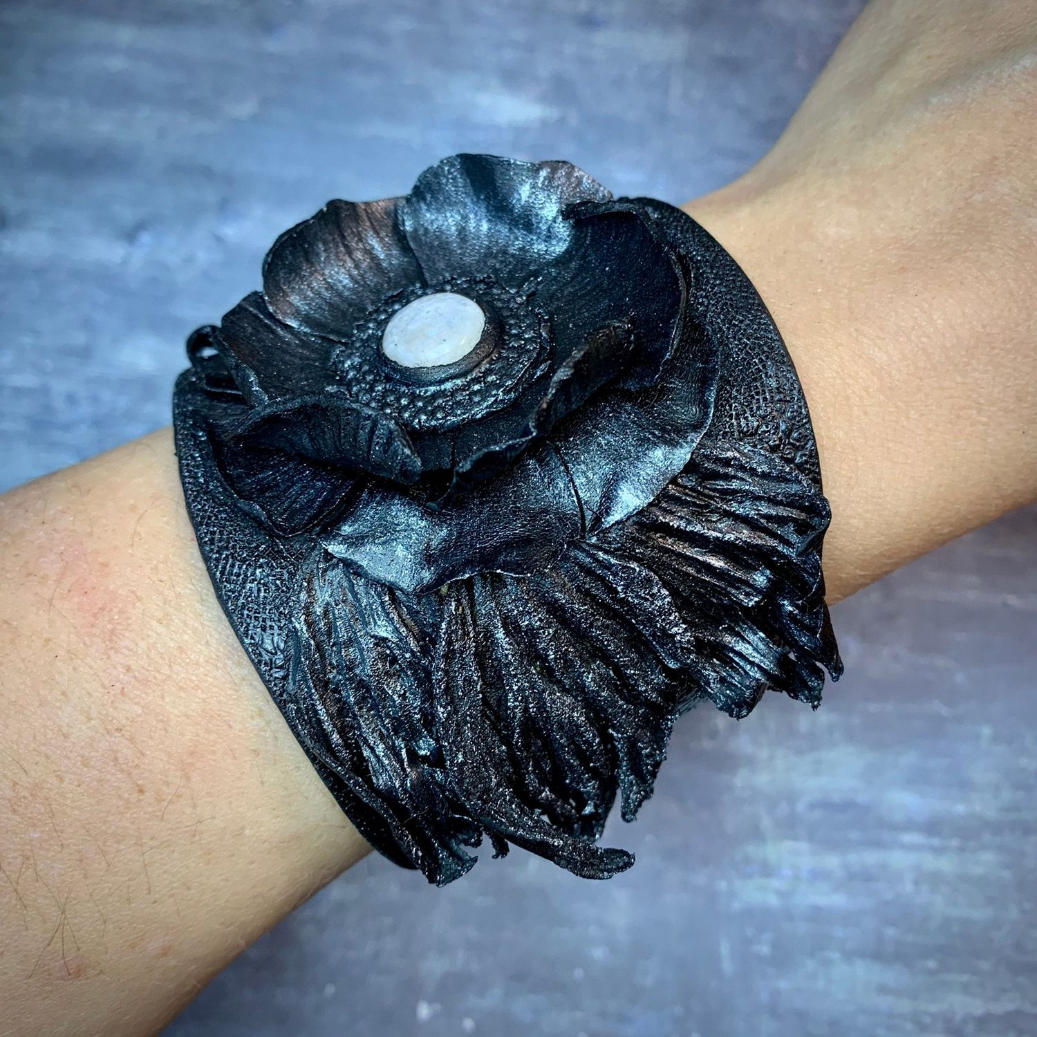 Black tooled leather bracelet with 3D flower and leaves with silver sheen - Floral leather cuff bracelet with blue moonstone