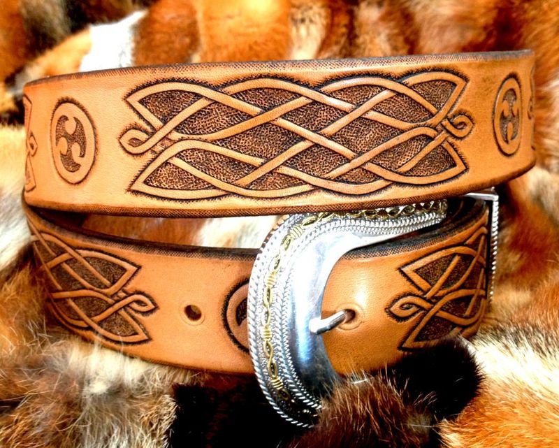 Hand tooled leather belt with Celtic ornament