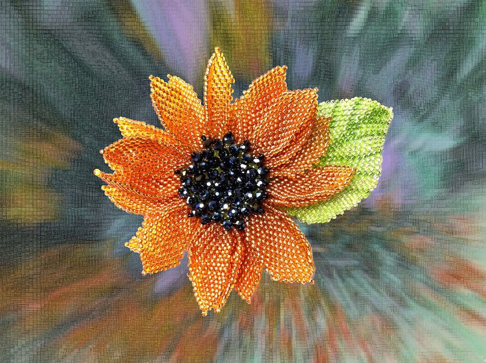 Pattern &amp; tutorial for beaded sunflower with the leaf - how to bead a sunflower - artisanal sunflower photo tutorial